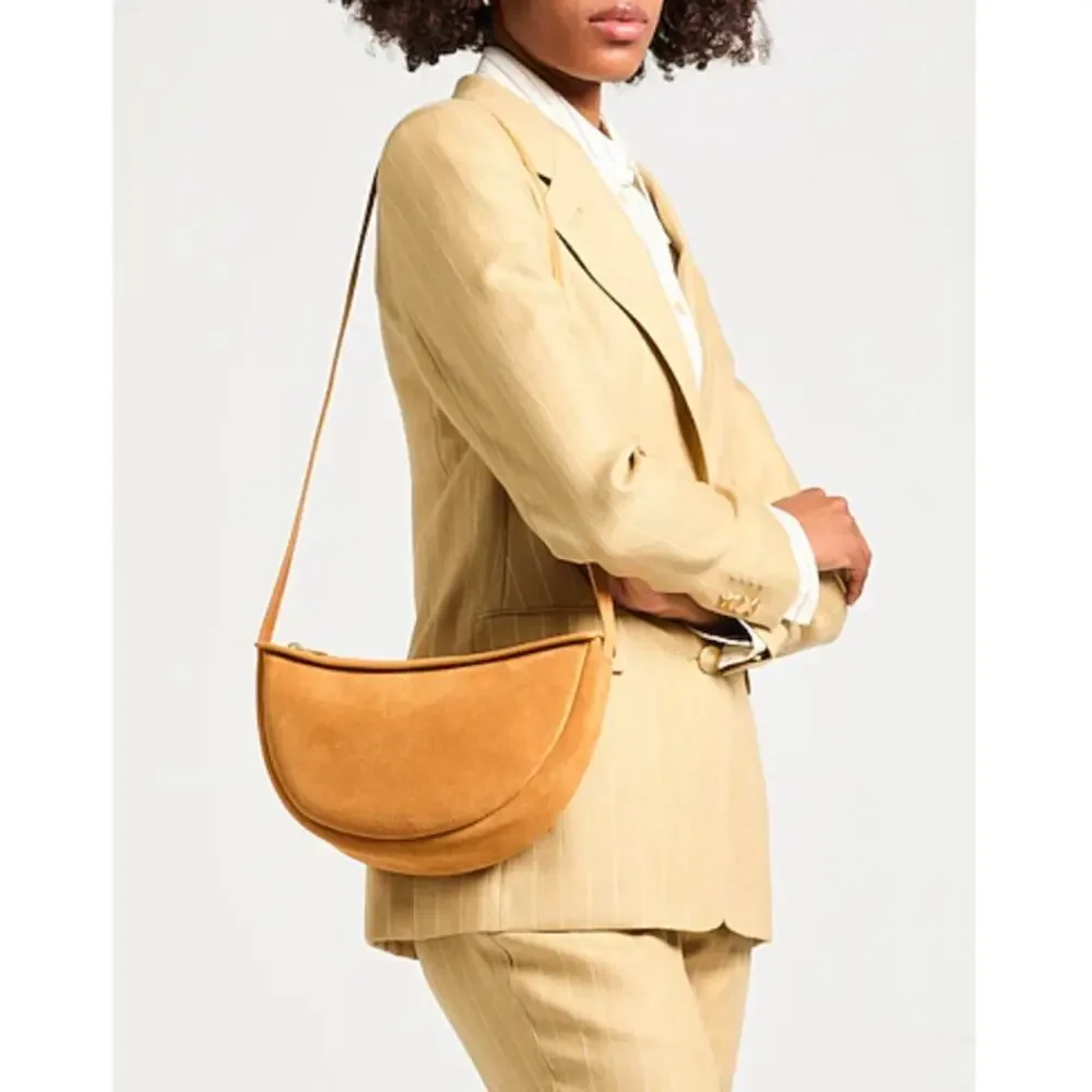NWT Mansur Gavriel Moon Crossbody Sling Bag Caramel Suede Leather Crescent